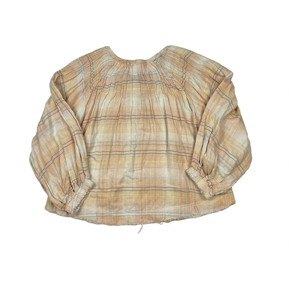 Free People Cream Long Sleeve Slouchy Cloudbreaker Plaid Tunic Top